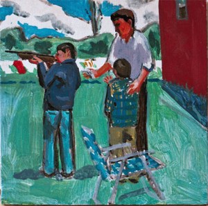 Learning to Shoot, Acrylic on Panel, 10x10", 2000, Reserve 350.